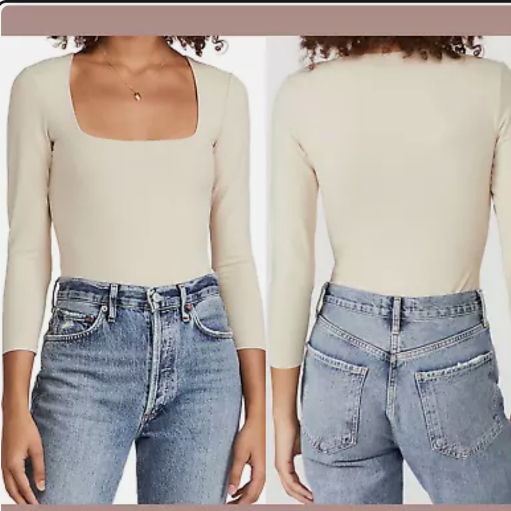 Free People White Long Sleeve Bodysuit Square Neckline Size XS